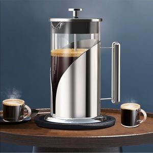 French Press Coffee Maker 34oz Large Stainless + Glass Set w/ Cups Brush Spoon